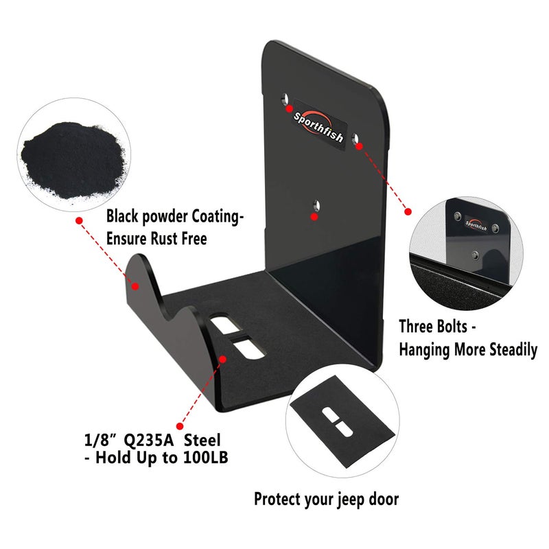 Sporthfish Door Storage Rack Bracket Wall-Mounted Door Hanger Removable Compatible for Jeep Wrangler JK JKU TJ YJ LJ JL - Set of 2 - Image 2